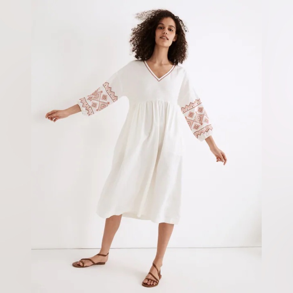 NWT Madewell Embroidered-Sleeve Popover‎ Midi Dress cream color women size small